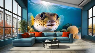 happy puffer fish underwater generative ai Wall mural