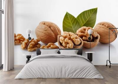 raw walnut kernels and walnuts isolated on white background Wall mural