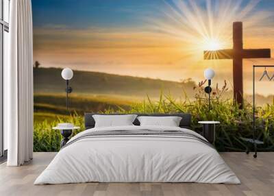 silhouette christian cross on grass in sunrise background Wall mural