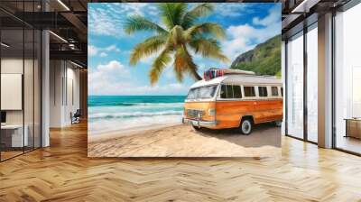 summer scene retro van life on the beach watercolor beach clipart best friend summer trip summer vibes surf travel clip art palm tree landscape ocean waves Wall mural