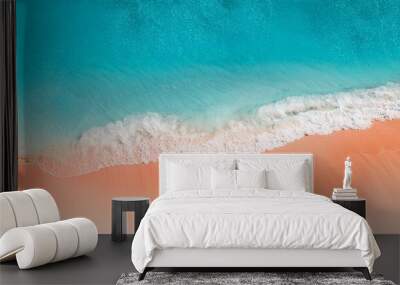 turquoise blue green and coral watercolor background with soft painted marbled paper texture colorful textured summer backdrop design of abstract sandy beach coastline with azure sea or ocean water Wall mural