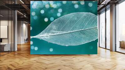 white transparent skeleton leaf with beautiful texture on a turquoise abstract background on glass with shiny water dew drops and circular bokeh close up macro bright expressive artistic image Wall mural