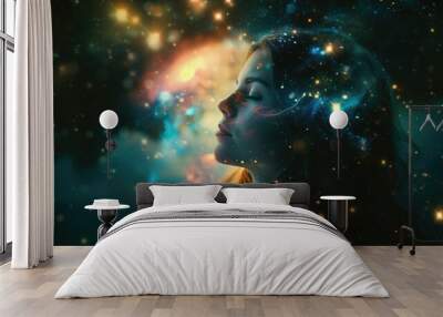 A girl or young woman with beautiful flawless glowing skin having starry astral experience in cosmic space environment Wall mural