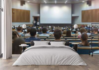 Audience in college or university with lecture room and backview on students learning and listening to the presentation or professors as back to school concept Wall mural