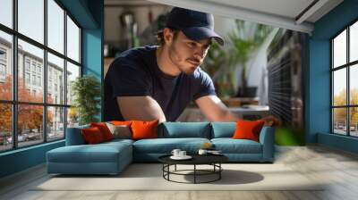 Handsome young HVAC technician in blue cap and t-shirt repairing or installing air conditioning unit indoors Wall mural