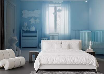 Light blue kid boy's minimalistic nursery bedroom for newborn child with soft toys and curtains Wall mural