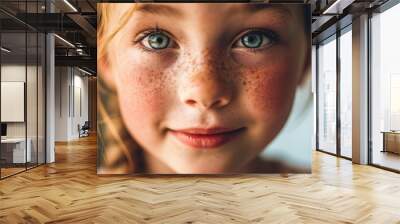 Portrait of a smiling little elementary school redhead girl with freckles and beautiful eyes AI generated Wall mural