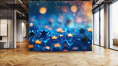 Shimmering glittering blue and yellow stars lit by light festive patriotic background Wall mural