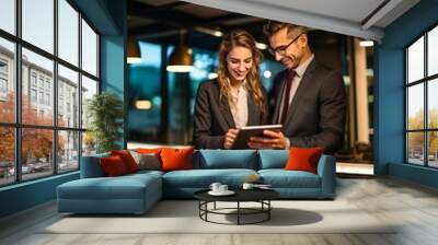 Two cheerful business people in evening office young man and woman in the office smiling looking into the tablet Wall mural