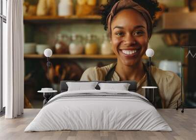 Young african american woman baking bread smiling to camera with copyspace backgound Wall mural