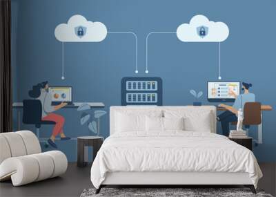 Cloud protection of important corporate databases or personal data, Secure cloud downloads and uploads, Business team working with computers via secure online system. Vector design illustration. Wall mural