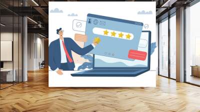 Evaluating in the best credit ratings and customer satisfaction, Performance ratings or user recommendations, Businessman checking customer feedback report in laptop. Vector design illustration. Wall mural