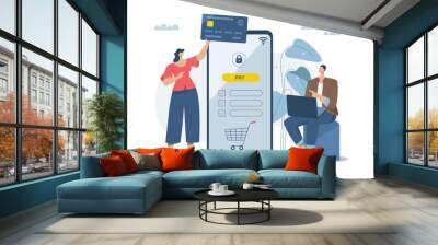 Online transactions, Pay by credit card via electronic wallet, Smartphone with Online Payment, Businessman and woman conducts financial transactions with bank electronically wirelessly. Wall mural