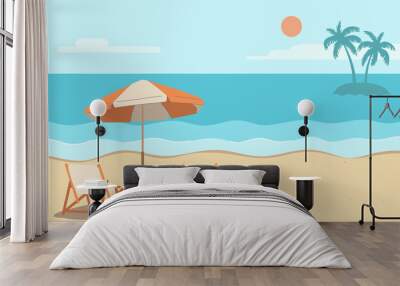 Summer beach background, umbrella, chair, sky, sun, sea, coconut trees and white sand beach. Vector design illustration. Wall mural