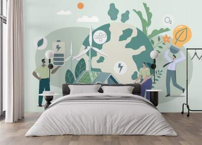 Sustainable concept, People care about planet ecology protect nature and ecology world earth day banner with technology to conserve the environment, 
Vector design illustration. Wall mural