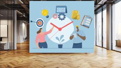 Time management planning concept, Corporate schedule management, Working time, Time organization efficiency. Businessman and woman plans organized work on schedule. Vector design illustration. Wall mural