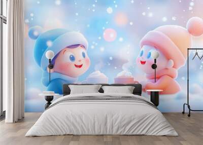 3D cute boys and girls drink hot cocoa in winter Wall mural