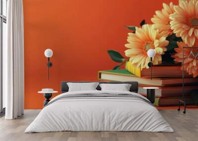  books, pen, flowers, Orange background Wall mural