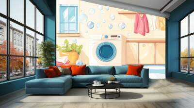 a laundry room, with a washing machine and hanging on a line. Wall mural