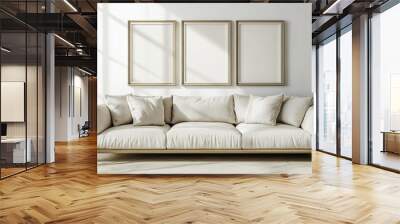 a mockup for wall art, clean white interior with beige tones, a couch against the wall, 3 portrait size frames on the wall,  Wall mural