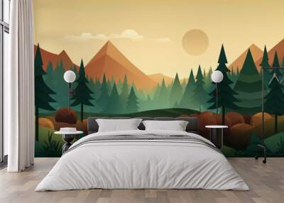 Autumn forest landscape. Autumn seasonal background. Illustration in simple minimal geometric Wall mural