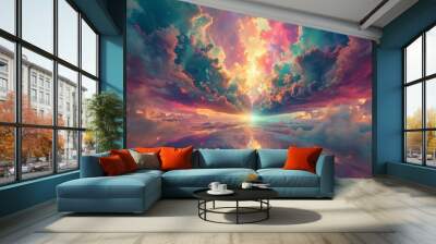 Beautiful Landscape Background Sky Clouds Sunset Oil Painting View Wallpaper Landscape Light Colours Purple Anime style Magic and Colorful Wall mural