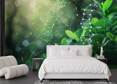 Biology laboratory nature and science, Plants with biochemistry structure and chemical formula on green background. Wall mural