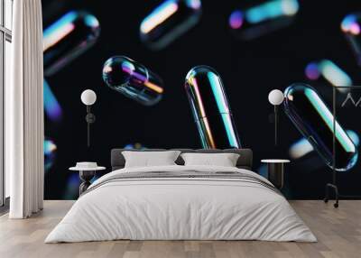 black pill capsules in the air with a black background  Wall mural