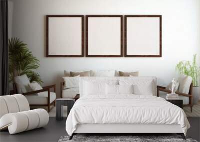 brown and cream sofa set with 3 empty frames on the wall brown photo frame with green leaf. environment concept Wall mural