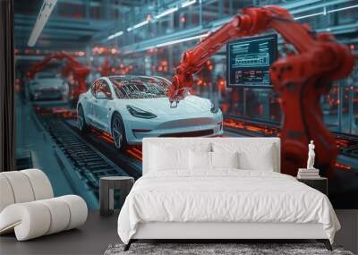 Car factory with two red industrial robots and a futuristic hologram that displays. Wall mural