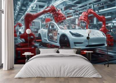 Car factory with two red industrial robots and a futuristic hologram that displays. Wall mural