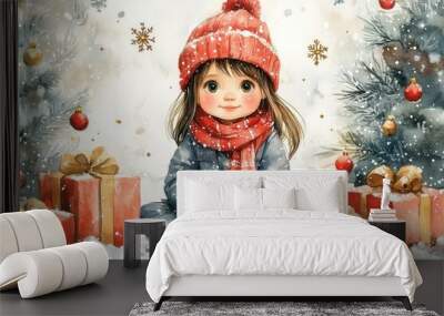 Christmas illustration of a small baby girl dressed in a cozy winter scarf and hat and jacket, sitting on the ground and surrounded by Christmas tree and gifts. Wall mural