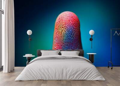 colorful fingerprint leaning on control glass for biometric scan. concept of surveillance and security through human fingerprints in the future of digital technology. Wall mural