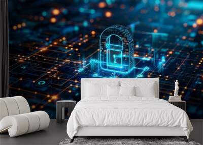 Digital padlock icon, cyber security network and data protection technology on virtual interface screen. Online internet authorized access against cyber attack.and business data privacy concept. Wall mural