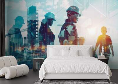 Double exposure of team engineer is on duty in work site with abstract bokeh backgrounds, use for banner cover. Wall mural