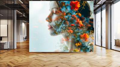 Double exposure portrait of young pretty woman combined with photograph of bright spring garden flowers and leaves. Conceptual image showing unity of human with nature, beauty of youth and femininity Wall mural