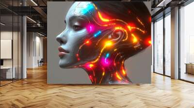 Futuristic robot head or detailed humanoid cyber face. Wall mural