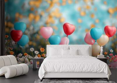 heart shaped colorful balloons and colorful background
 Wall mural