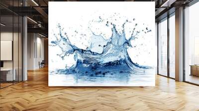 Isolated clean blue water wave swirl splash with splatters. Purity or energy concept. Realistic vector clear water splash falling drops frozen motion. Wall mural