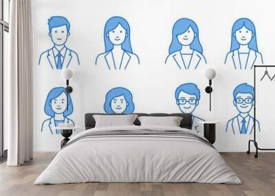 Minimalist line art icon set of avatar people, business people in office attire with blue lines on a white background. Wall mural