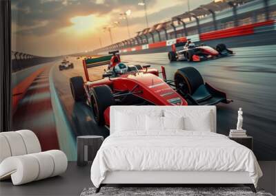 Motion blur, Race driver and race car racing on speed track, Car race on asphalt race track crossing finish line. Wall mural