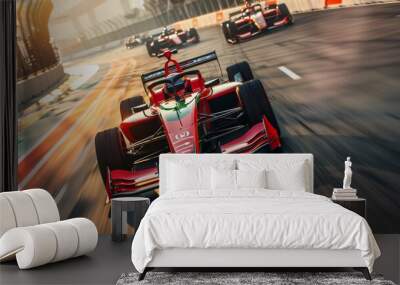 Motion blur, Race driver and race car racing on speed track, Car race on asphalt race track crossing finish line. Wall mural