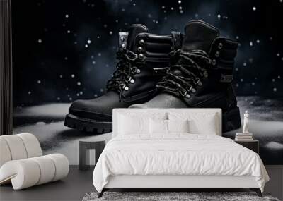 Pair of black leather boots, dress boots for men. Black brogue boots on a black background. Wall mural