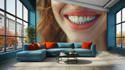 Perfect healthy teeth smile of young woman. Teeth whitening. Dental clinic patient.  Wall mural