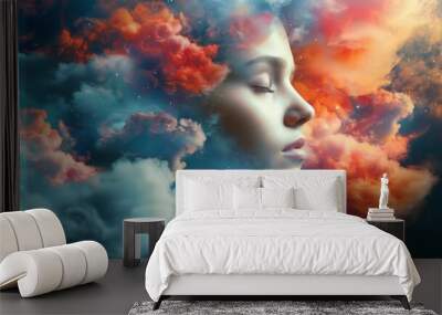 Sleeping woman face. Fairy stars, red tint and colorful cloud Wall mural