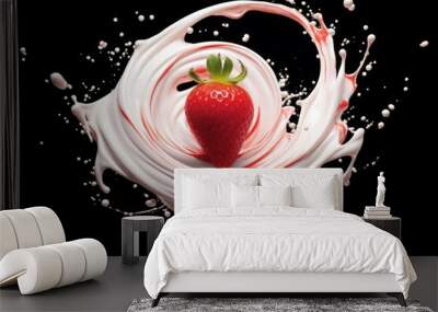 strawberries falling into milk. Splash isolated on black background Wall mural