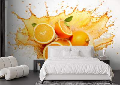 Water and orange juice splash on fresh orange with leaves isolated on white background. Wall mural