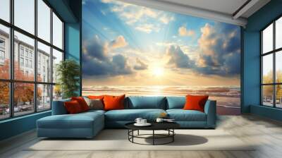 Waves at the beach in twilight sun shining down. Wall mural