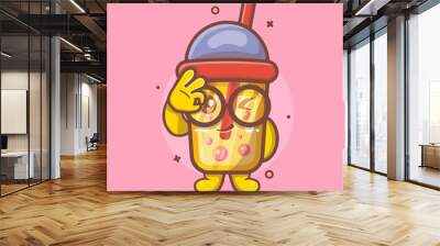 kawaii bubble tea drink character mascot with ok sign hand isolated cartoon in flat style design  Wall mural