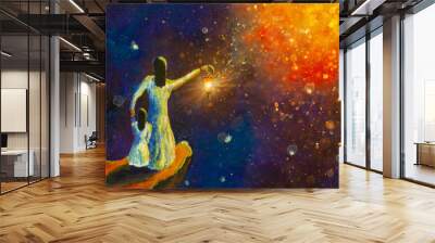 beautiful scenery, showing mother and daughter at cliff in night starry sky, woman holding glowing lantern, style acrylic art, illustration, oil painting Wall mural